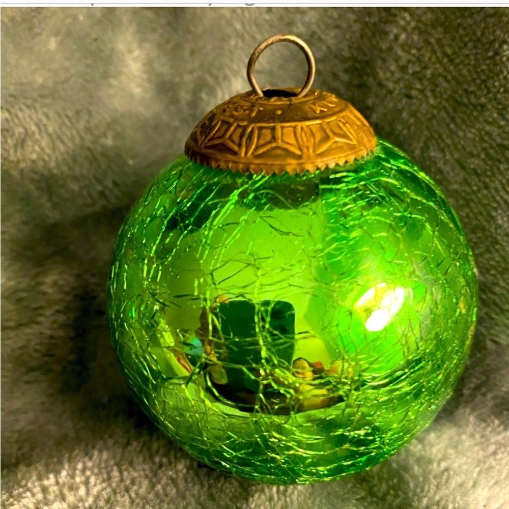 Vintage Kugel mid west green crackle glass Christmas ornament hand blown
#XT